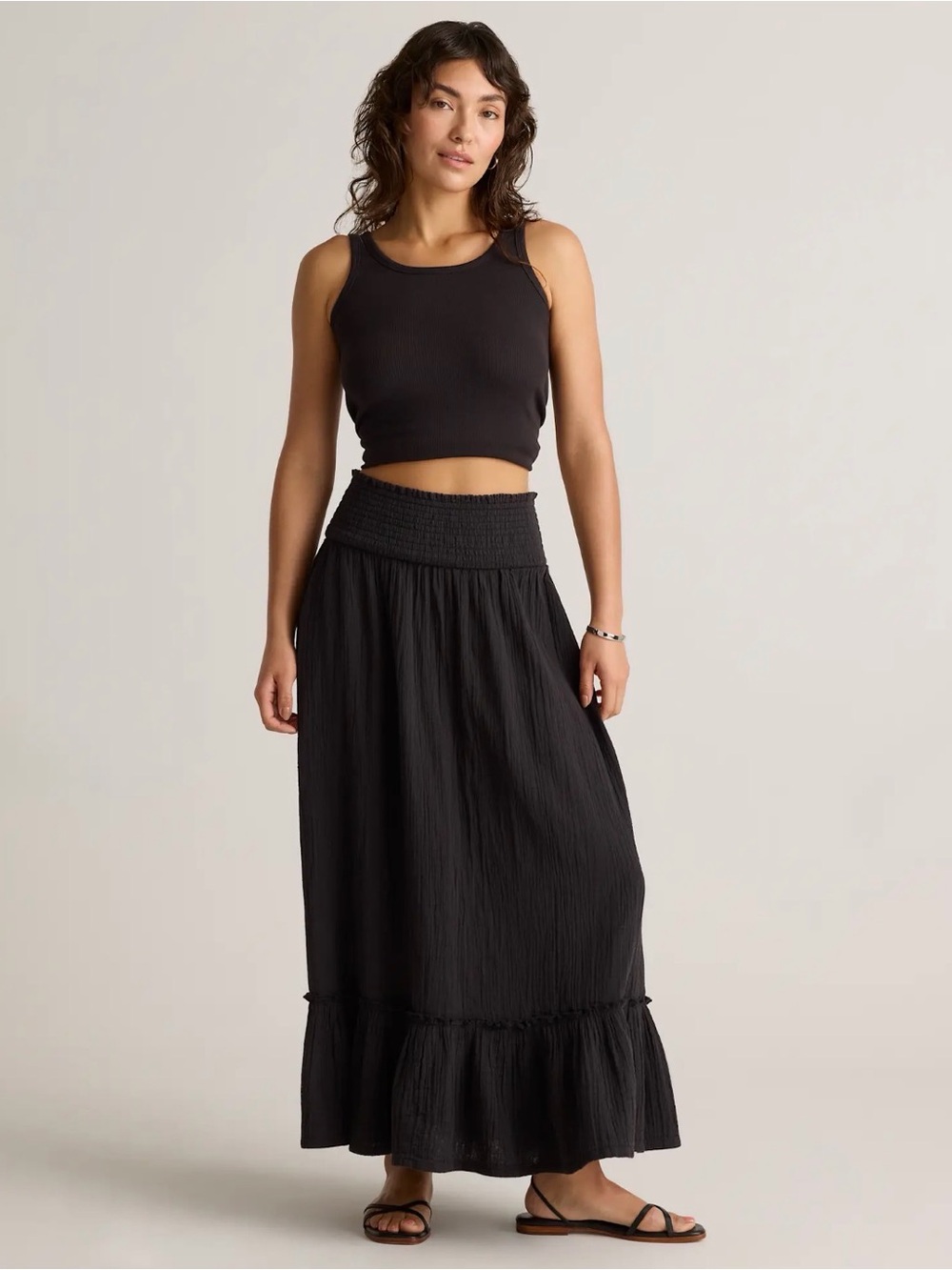 Black Smocked-Waist Maxi Skirt